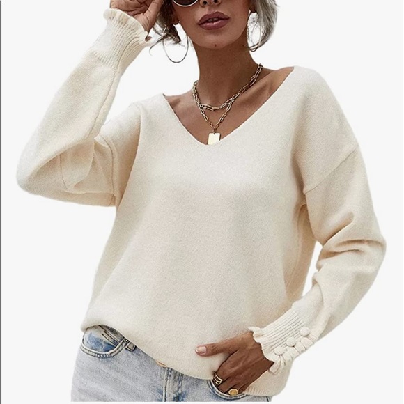 Cream V-neck Button Cuff Sweater - Picture 2 of 6